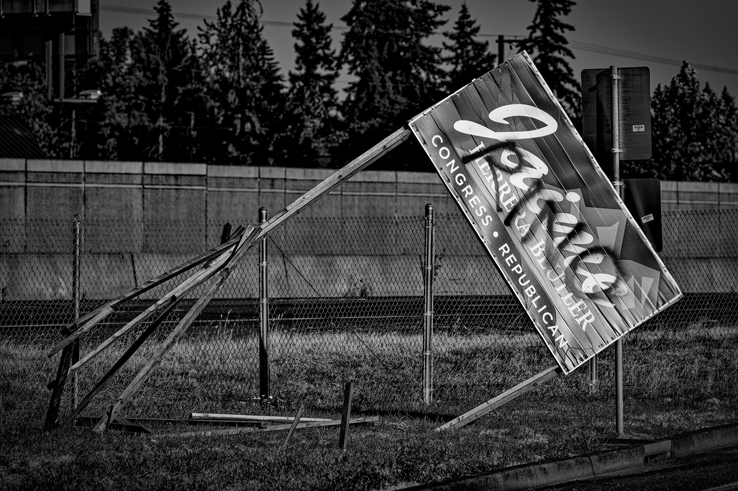 A black and white photo of a damaged and defaced roadside campaign sign leaning precariously by a chain-link fence. The signs reads "Jaime HERRERA BEUTLER CONGRESS · REPUBLICAN". The word "RINO" is spray painted in black paint across the words "Jaime HERRERA BEUTLER".