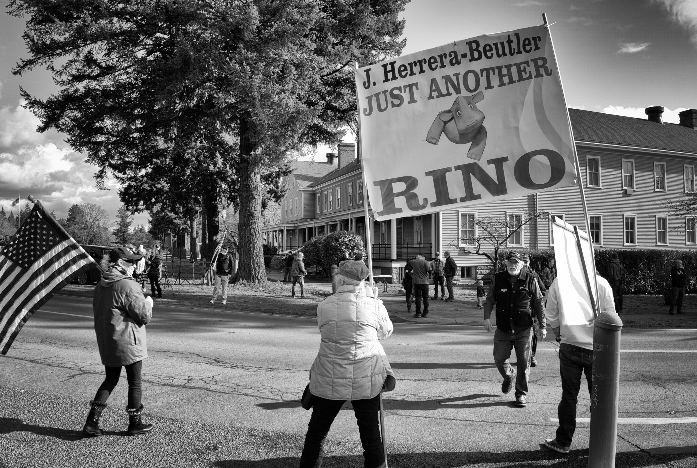 A black and white photo of an outdoor political demonstration. Protesters hold signs and American flags, lining the street outside historic buildings. One large sign reads "J. Herrera-Beutler JUST ANOTHER RINO".